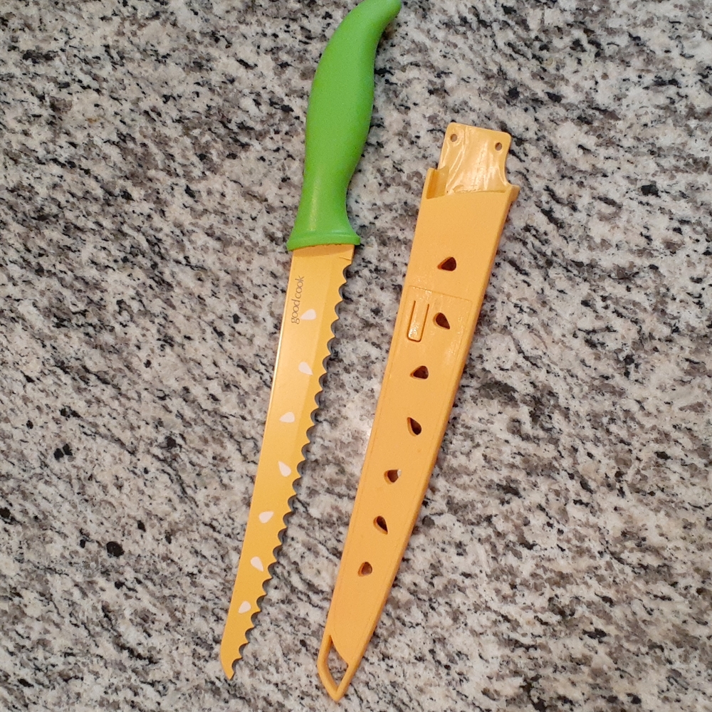 Good Cook Green & Yellow 9.5" Serrated Melon Knife With Protective Sheath New!